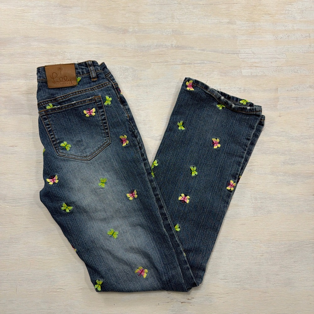 Lilly Pulitzer Jeans 0 Butterfly Embroidered Low Rise Flare Blue Denim Womens